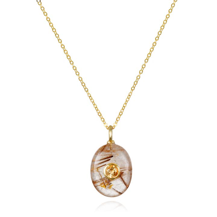 14K Yellow Gold Filled Oval Rutilated Quartz & Citrine Pendant Cable Chain Necklace