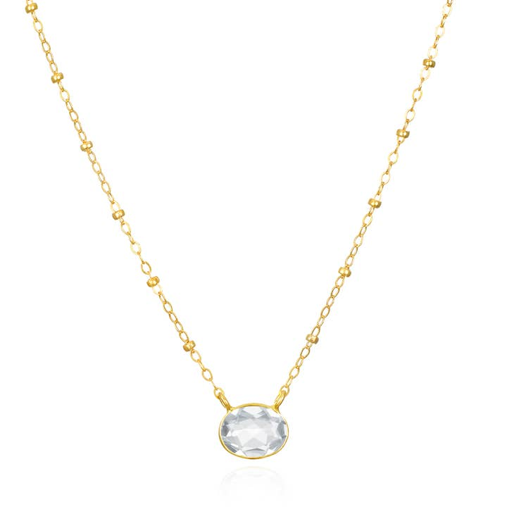 14K Yellow Gold Filled Oval White Topaz Satellite Chain Pendant Necklace