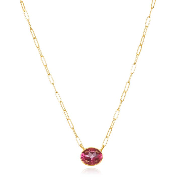 14K Yellow Gold Filled Oval Pink Topaz Paperclip Chain Pendant Necklace