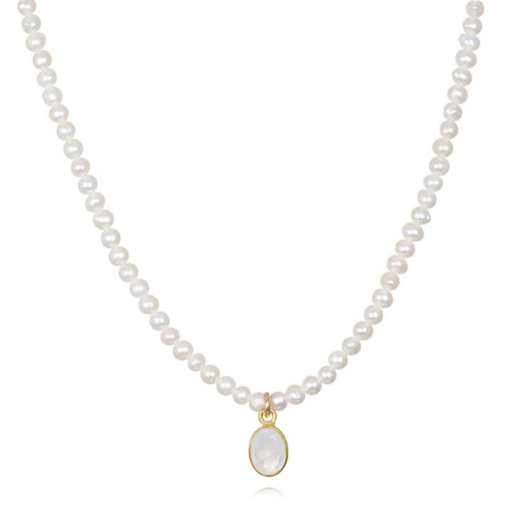 14K Yellow Gold Vermeil Oval Moonstone Charm & Freshwater Pearl Beaded Necklace