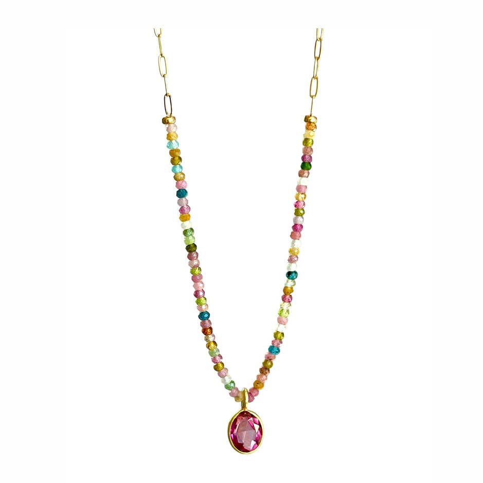 14K Yellow Gold Filled Multi-Color Tourmaline Bead & Pink Topaz Focal Paperclip Chain Necklace