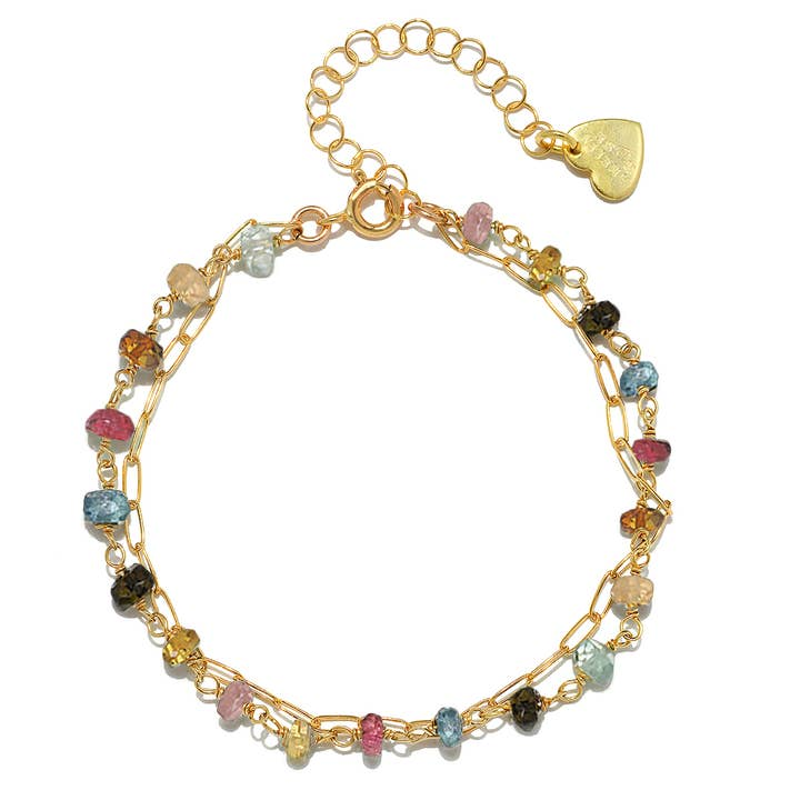14K Gold Plated Sterling Silver & Yellow Gold Filled Multi-Color Tourmaline Rondelle Double Strand Paperclip Bracelet