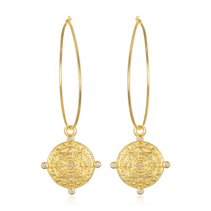 14K Yellow Gold Filled Cubic Zirconia Compass Charm Hoops