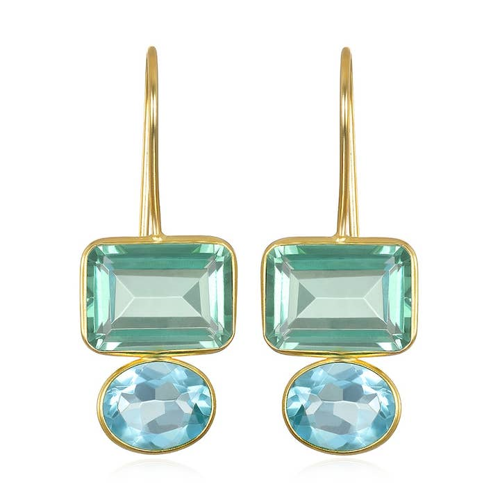 14K Yellow Gold Plated Aquamarine & Blue Topaz Earrings