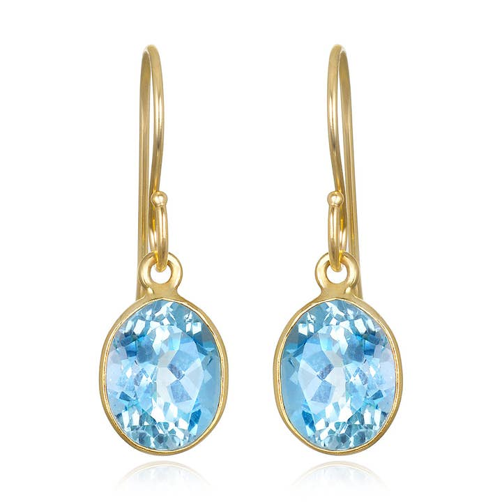 14KT Yellow Gold Plated Sterling Silver Oval Blue Topaz Earrings