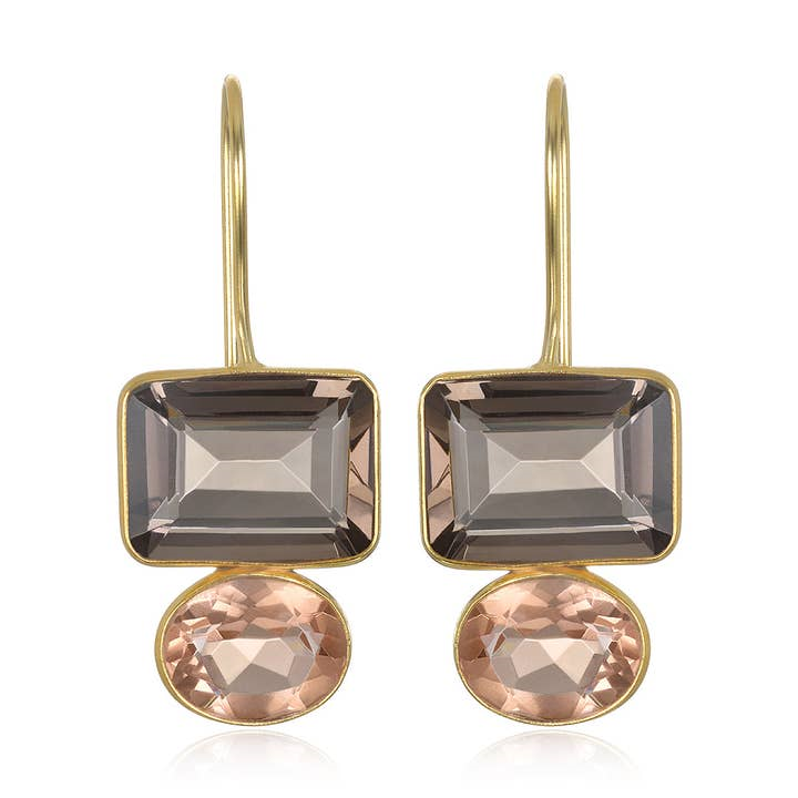 14KT Yellow Gold Plated Smoky Quartz & Champagne Quartz Earrings