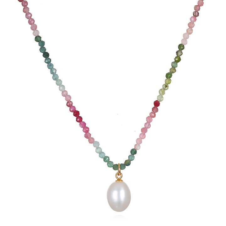 14KT Gold Vermeil Shaded Tourmaline & Freshwater Pearl Necklace