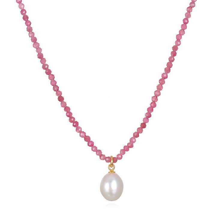 14KT Gold Vermeil Pink Tourmaline & Freshwater Pearl Necklace