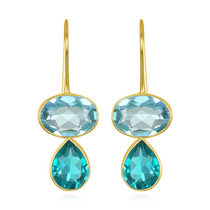 14KT Yellow Gold Plated Sky Blue Quartz & Teal Quartz Earrings