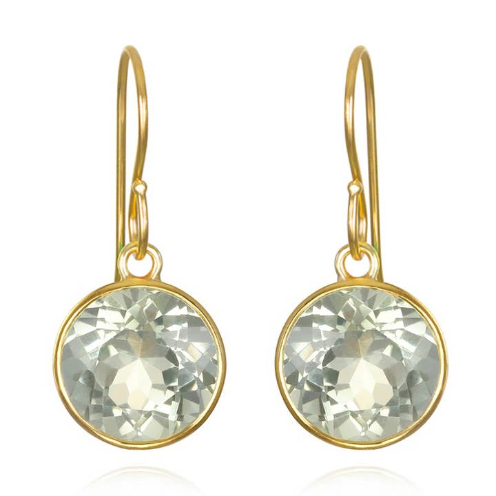 14K Yellow Gold Plated 12MM Round Green Amethyst Drop Earrings