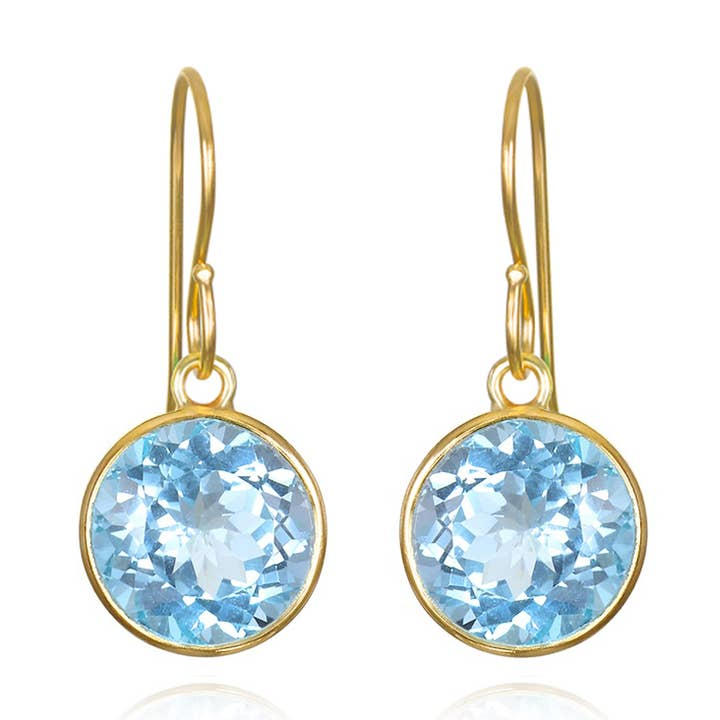 14KT Yellow Gold Plated Sterling Silver Round Sky Blue Topaz Earrings