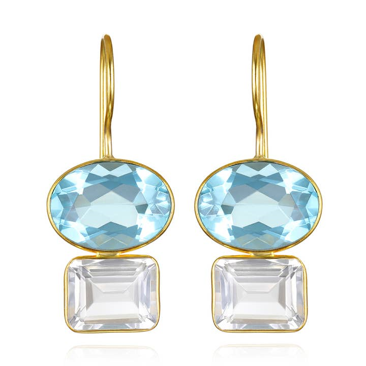 14KT Yellow Gold Plated Sky Blue Quartz & Clear Quartz Earrings