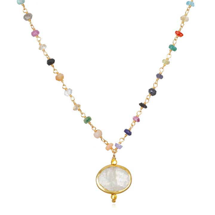Gold Vermeil Rainbow Moonstone Bezel Pendant Necklace