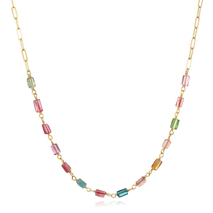 Multi Color Tourmaline Station Necklace on Gold Filled Paperclip Chain