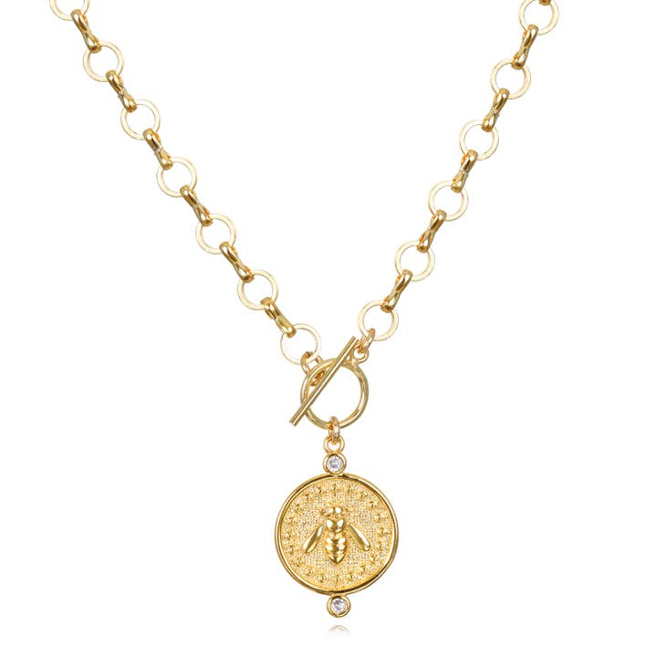 Gold Plated Brass & Gold Filled CZ Bee Charm Toggle Necklace
