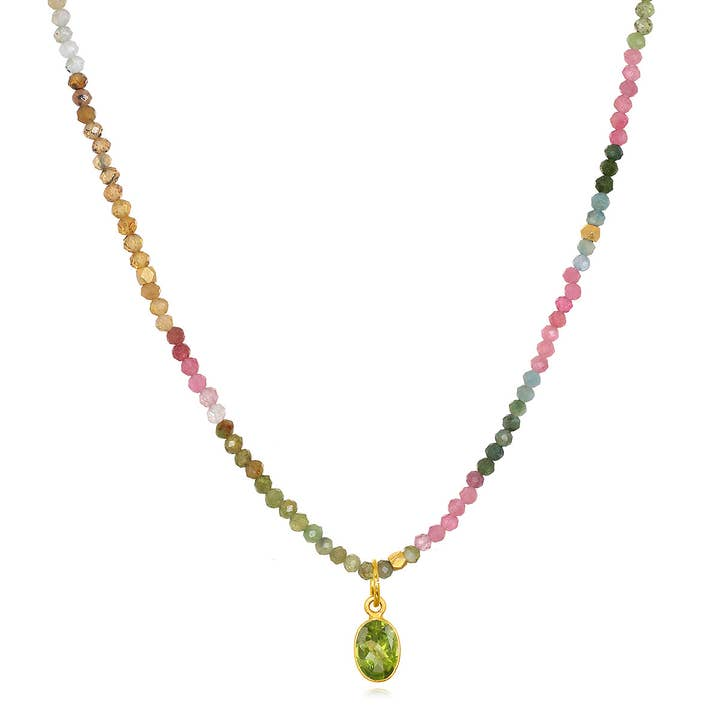 14KT Gold Vermeil Watermelon Tourmaline & Peridot Charm Necklace