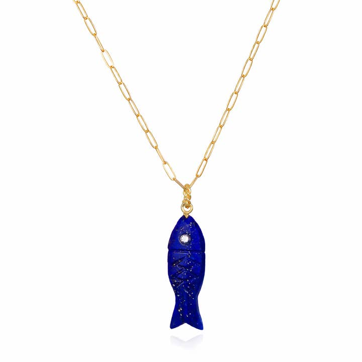 14K Gold Filled Hand-Carved Lapis Fish Charm Necklace