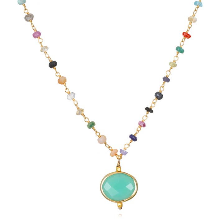 14K Gold Vermeil Multi-Gemstone Bead & Oval Chrysoprase Pendant Necklace