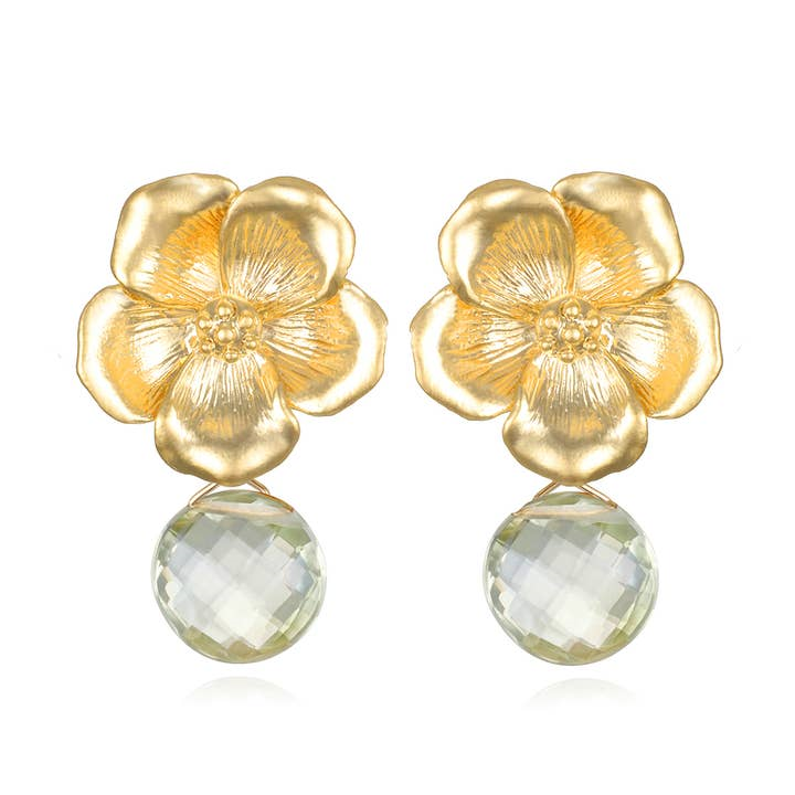 16K Yellow Gold-Plated Green Amethyst Flower Drop Earrings