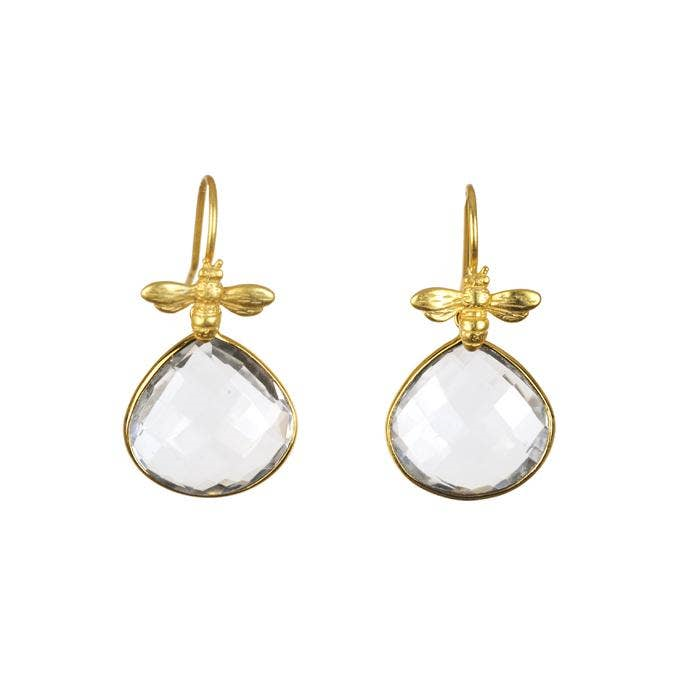 Gold Vermeil Bee and Crystal Dangle Earrings