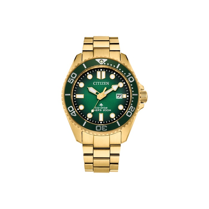 Gold Tone Stainless Steel Eco Drive Green Promaster Dive Watch by Citizen