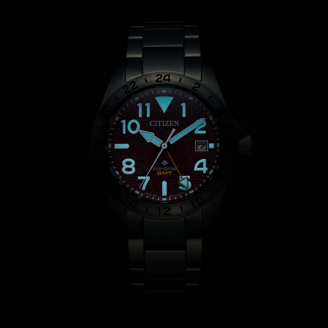Stainless Steel Eco Drive Red Promaster Land GMT Watch by Citizen