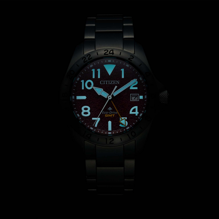 Stainless Steel Eco Drive Red Promaster Land GMT Watch by Citizen
