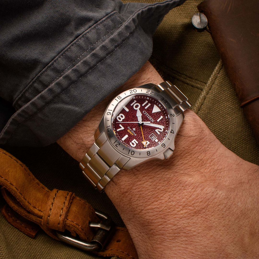 Stainless Steel Eco Drive Red Promaster Land GMT Watch by Citizen