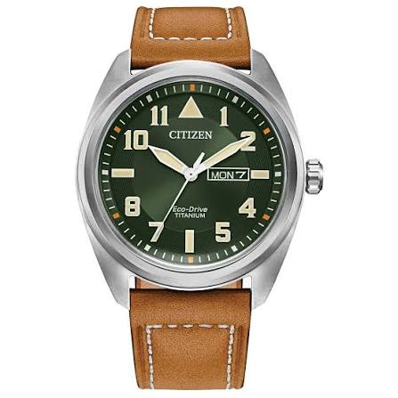 Titanium Eco Drive Green Garrison Leather Strap Watch by Citizen