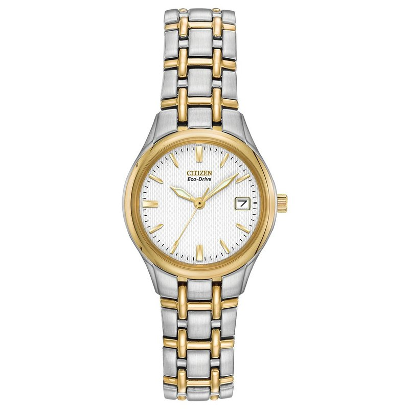 Two Tone Stainless Steel Eco Drive White Silhouette Bracelet Watch by Citizen