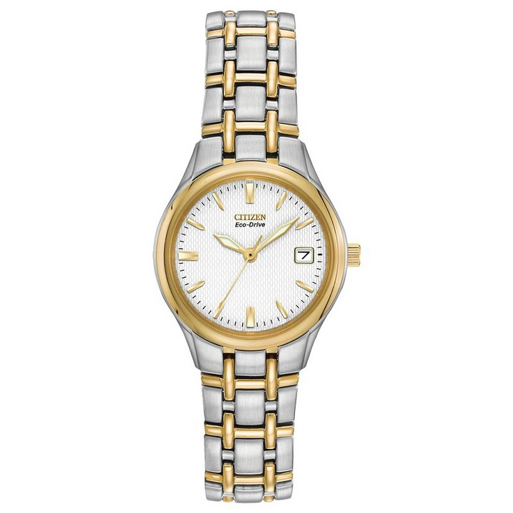 Two Tone Stainless Steel Eco Drive White Silhouette Bracelet Watch by Citizen