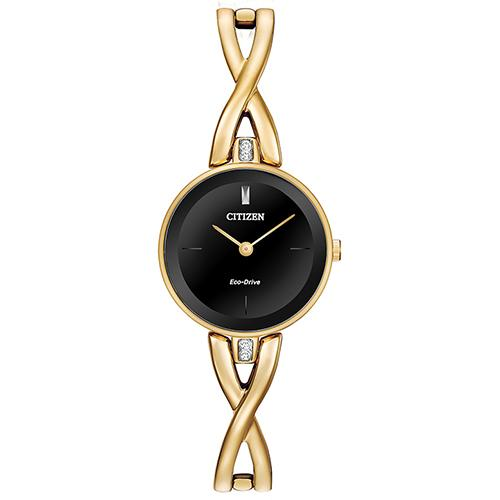 Gold Tone Stainless Steel Eco Drive Black Silhouette Bangle Watch by Citizen