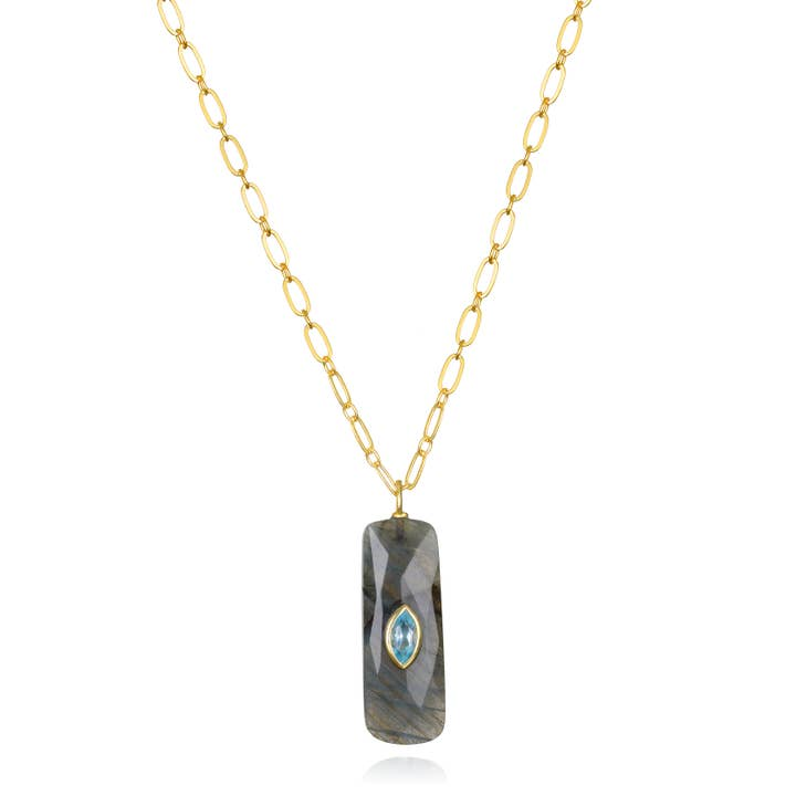 Gold Vermeil & Gold Plated Rectangular Labradorite & Marquise Blue Topaz Necklace
