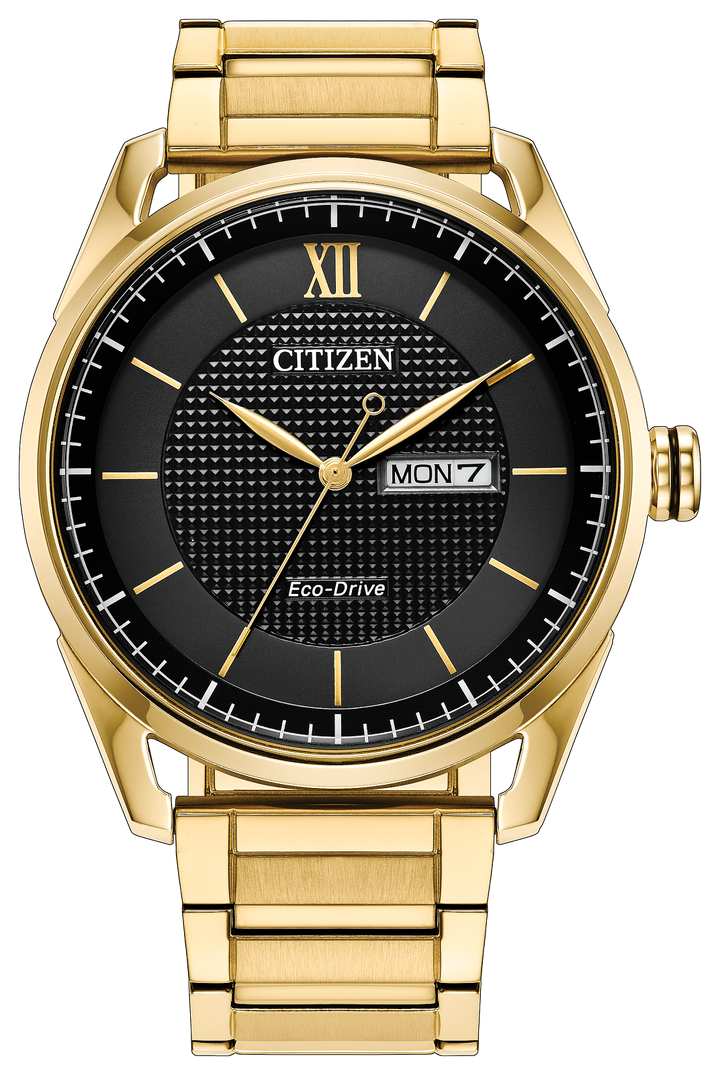 Citizen Eco-Drive Men’s Gold-Tone Stainless Steel Watch with Black Textured Dial, 42mm