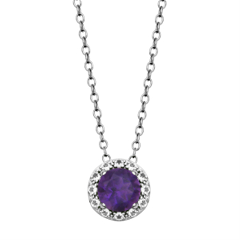 Sterling Silver African Amethyst & WhiteTopaz Halo Necklace by Samuel B.