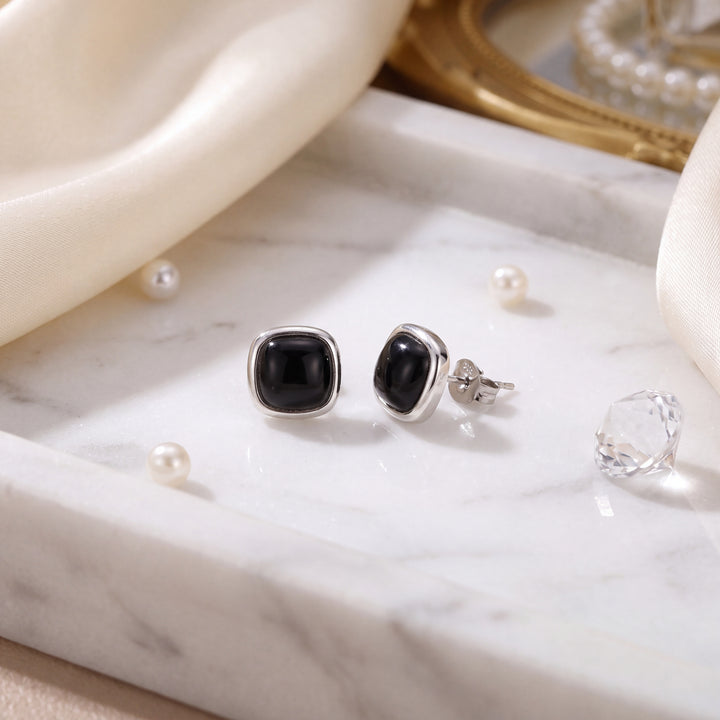 Estate Sterling Silver Square Cabochon Black Onyx Stud Earrings