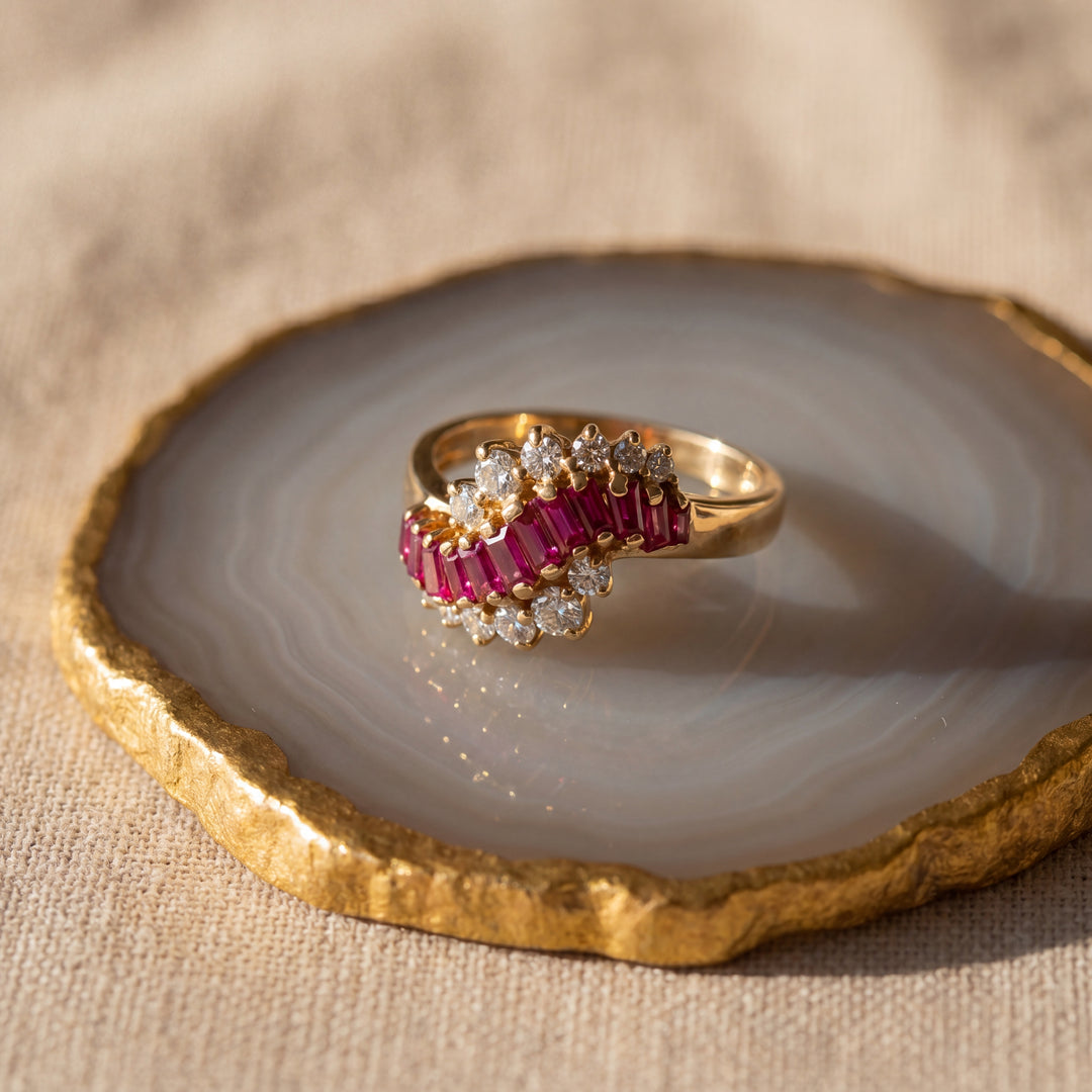 Estate 14K Yellow Gold Baguette Synthetic Ruby & Diamond Wave Ring