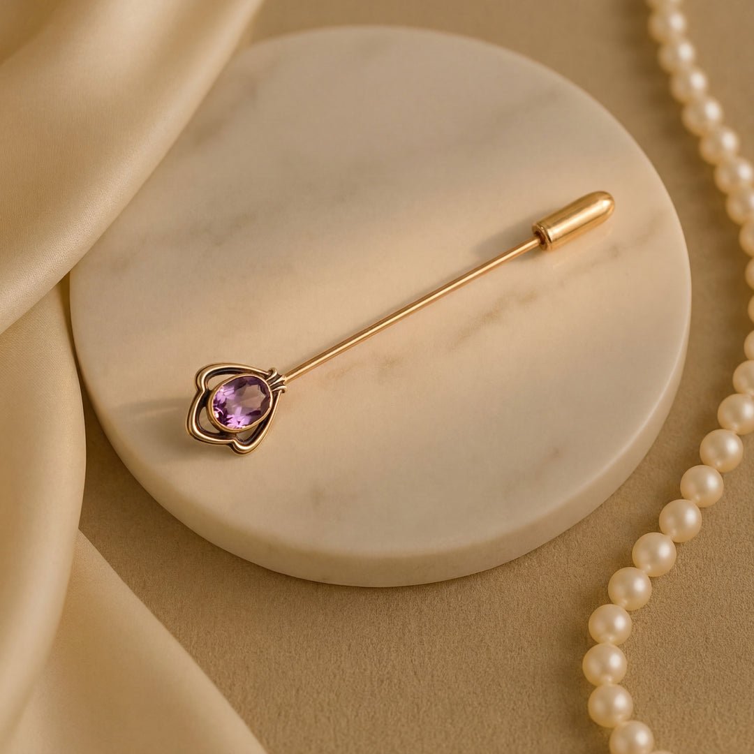 Estate 14K Yellow Gold 0.64CTW Oval Amethyst Stick Pin