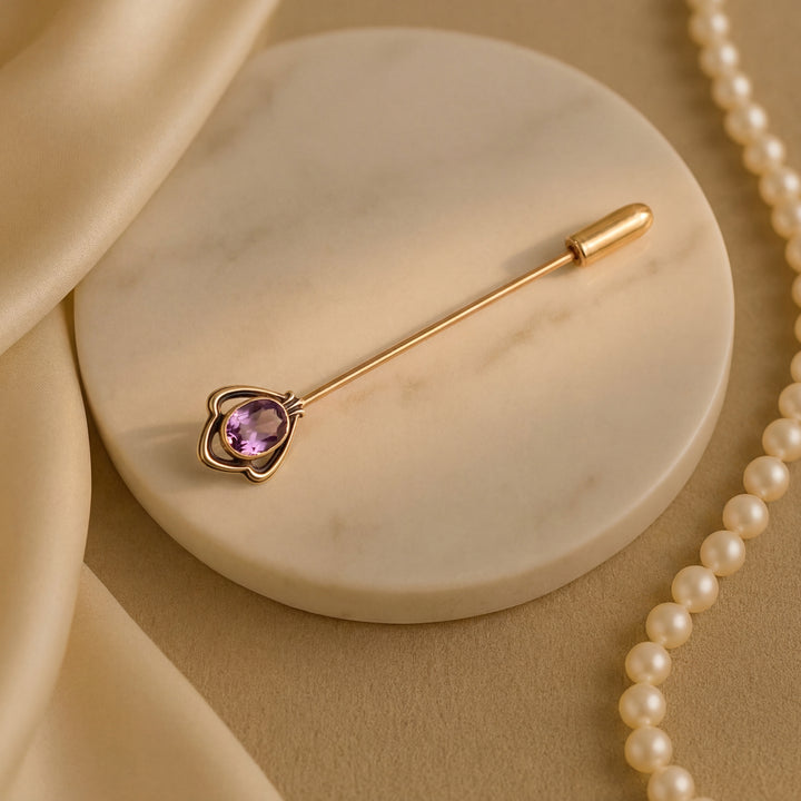 Estate 14K Yellow Gold 0.64CTW Oval Amethyst Stick Pin