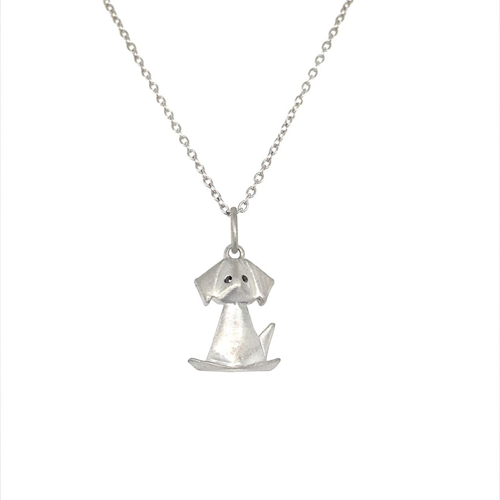 Sterling Silver Black Diamond Origami Dog Necklace