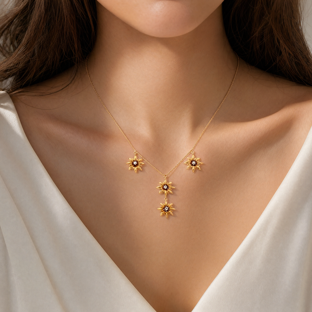 Estate Victorian 14K Yellow Gold Old European Cut Diamond Flower Multi-Drop Necklace