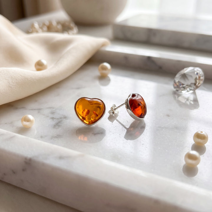 Estate Sterling Silver Heart Cabochon Amber Stud Earrings