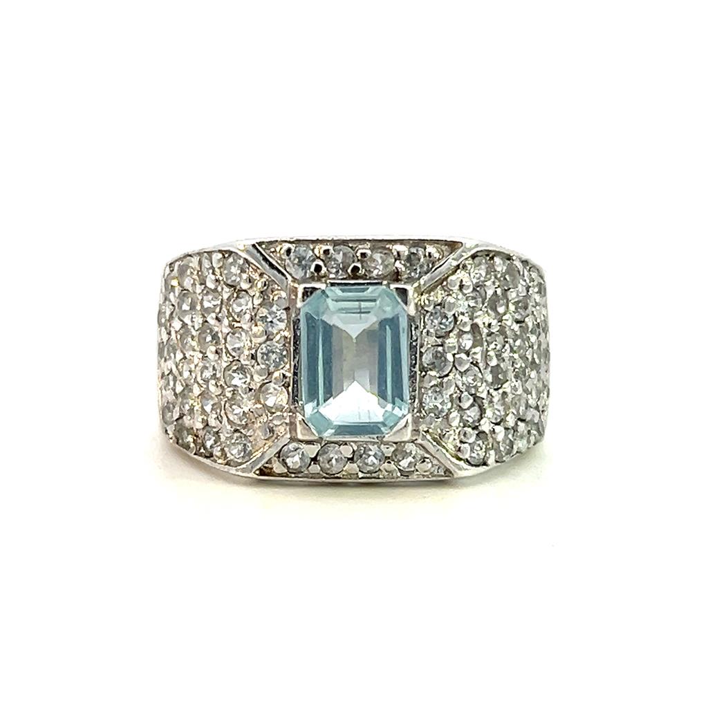 Estate Sterling Silver Emerald Cut Aquamarine & White Sapphire Wide Band