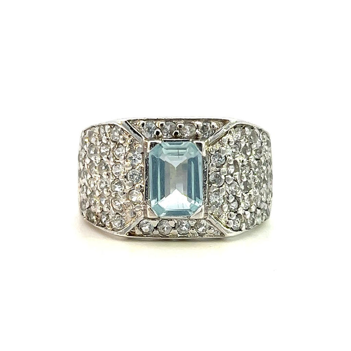 Estate Sterling Silver Emerald Cut Aquamarine & White Sapphire Wide Band