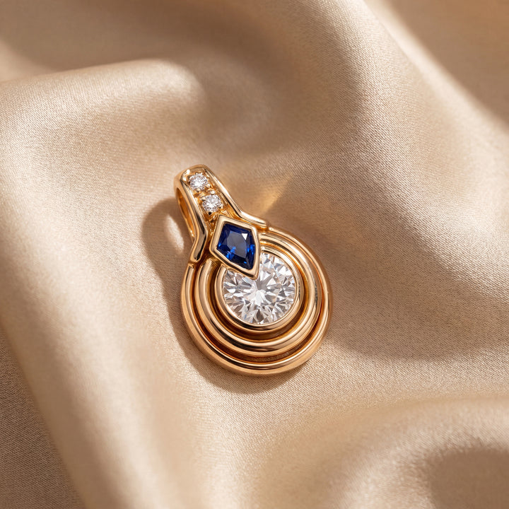 Estate 1980s G. Petochi 18K Tri-Color Gold Old European Cut Diamond & Blue Sapphire Pendant