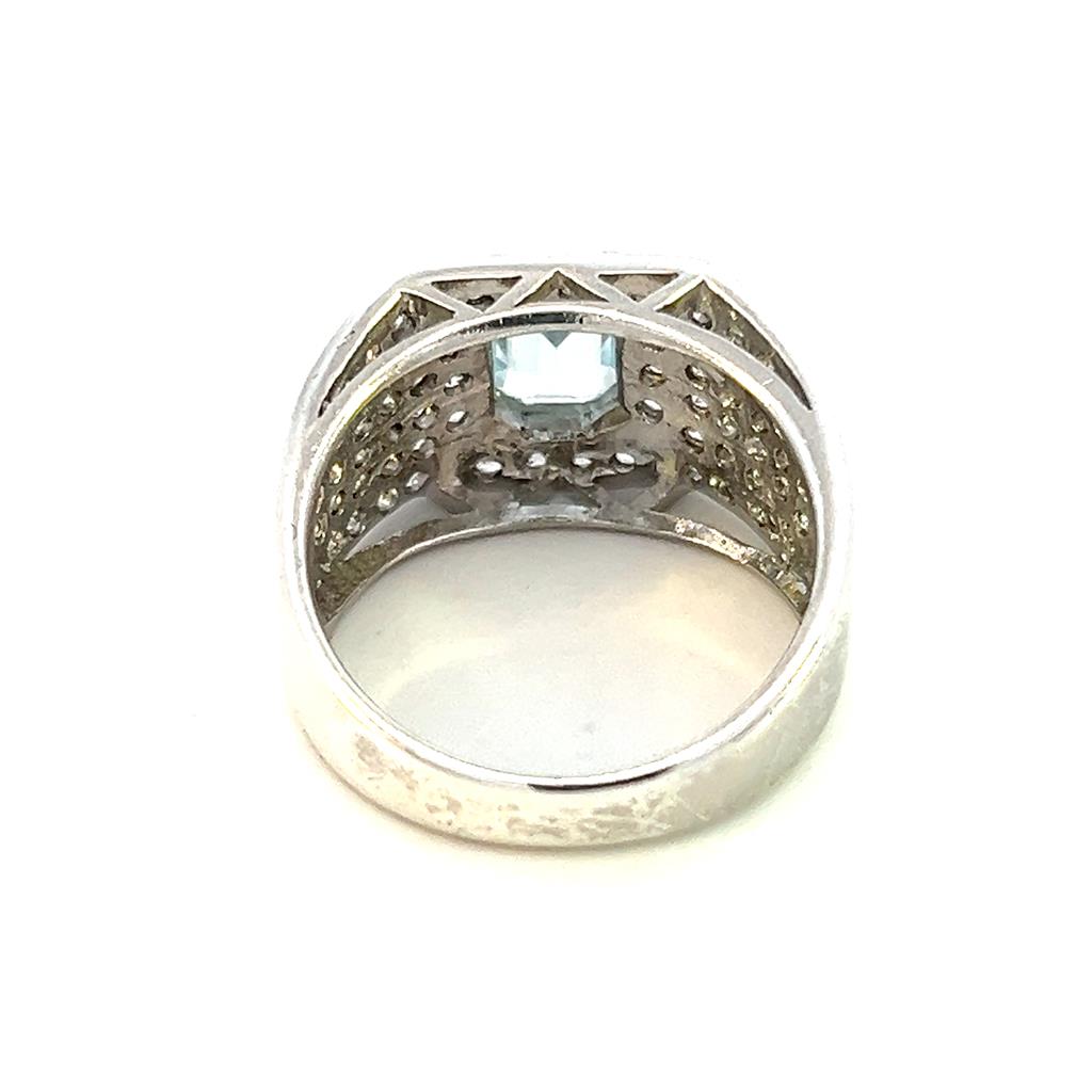 Estate Sterling Silver Emerald Cut Aquamarine & White Sapphire Wide Band