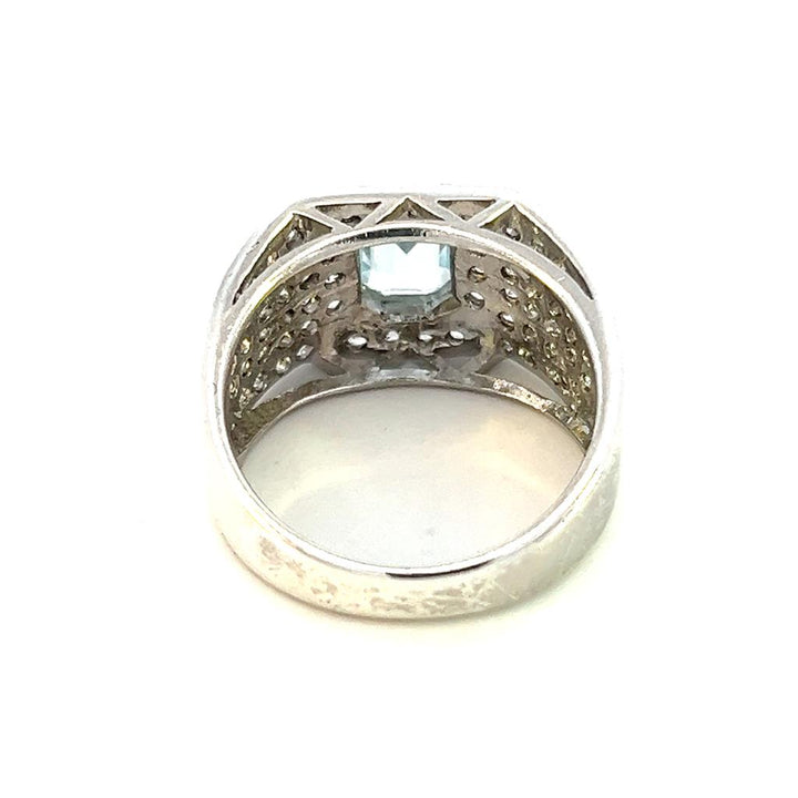 Estate Sterling Silver Emerald Cut Aquamarine & White Sapphire Wide Band