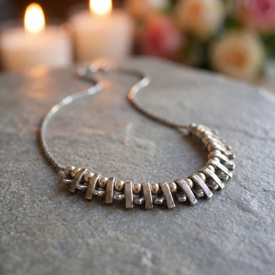 Estate Sterling Silver Link & Bead Snake Chain Necklace