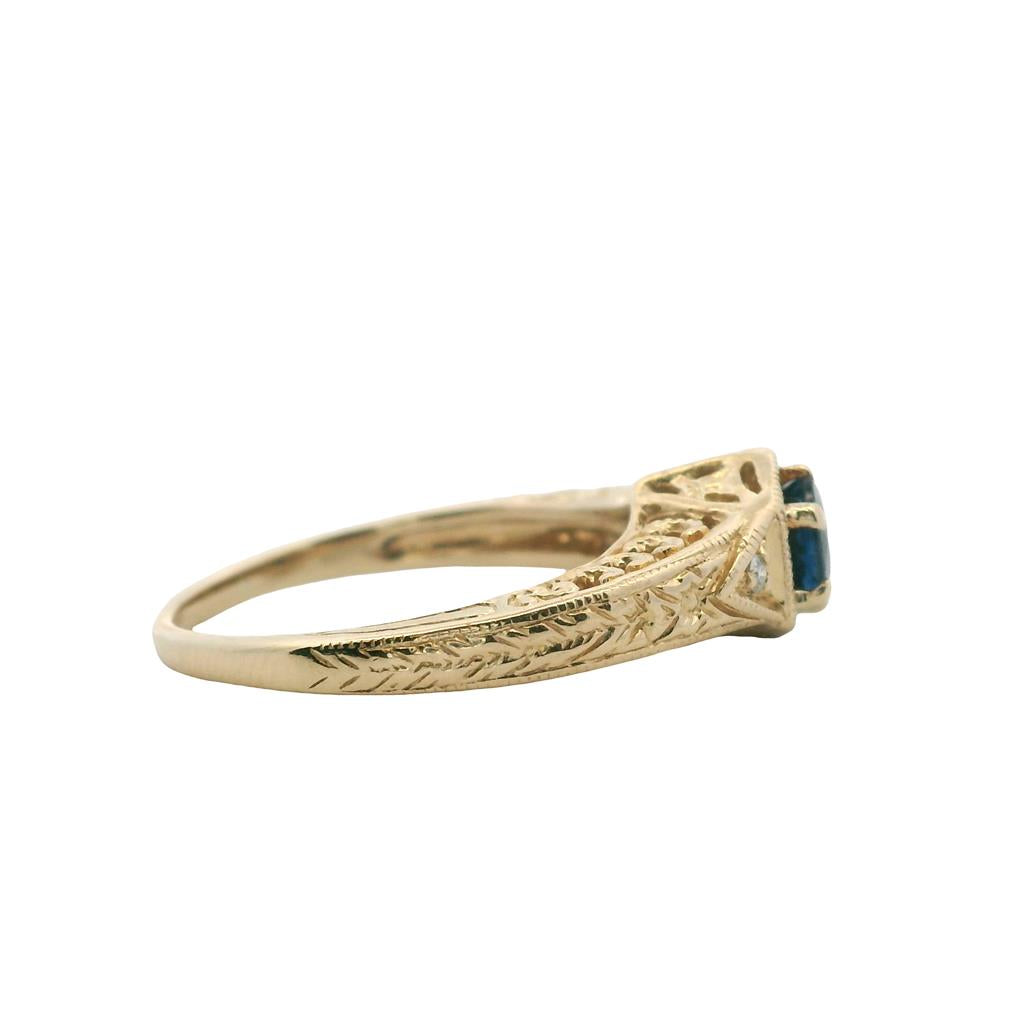 Estate 14K Yellow Gold 0.53ctw Blue Sapphire & Diamond Antique Style Ring