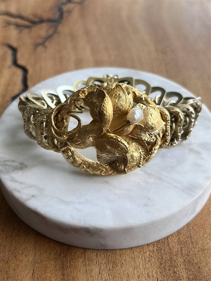 Estate 14K Yellow Gold Natural Pearl Orchid Flower Antique Bracelet